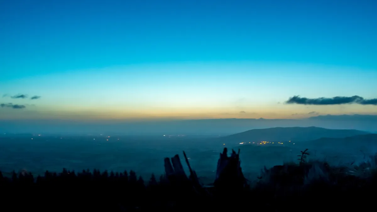 The view out over the plain from the Ballyhoura Mountains at dusk
