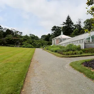 A gravel walk past the lawn and the glasshouse at Mount Congreve