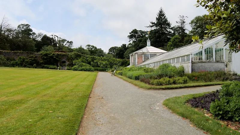 A gravel walk past the lawn and the glasshouse at Mount Congreve