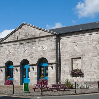 The arcaded stone front of the Market House in Monaghan town