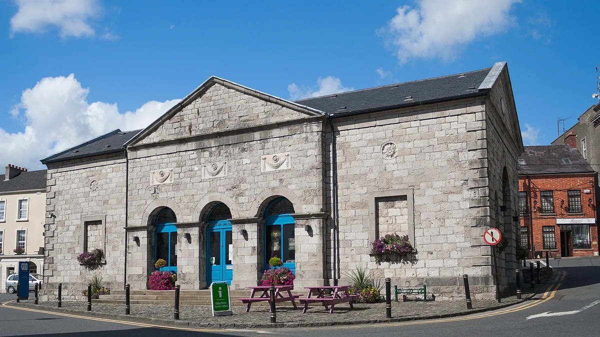 The arcaded stone front of the Market House in Monaghan town