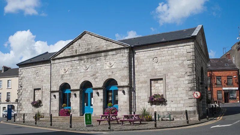 The arcaded stone front of the Market House in Monaghan town