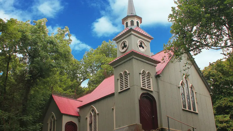 The corrugated iron exterior and spire of St Peter's tin church at Laragh