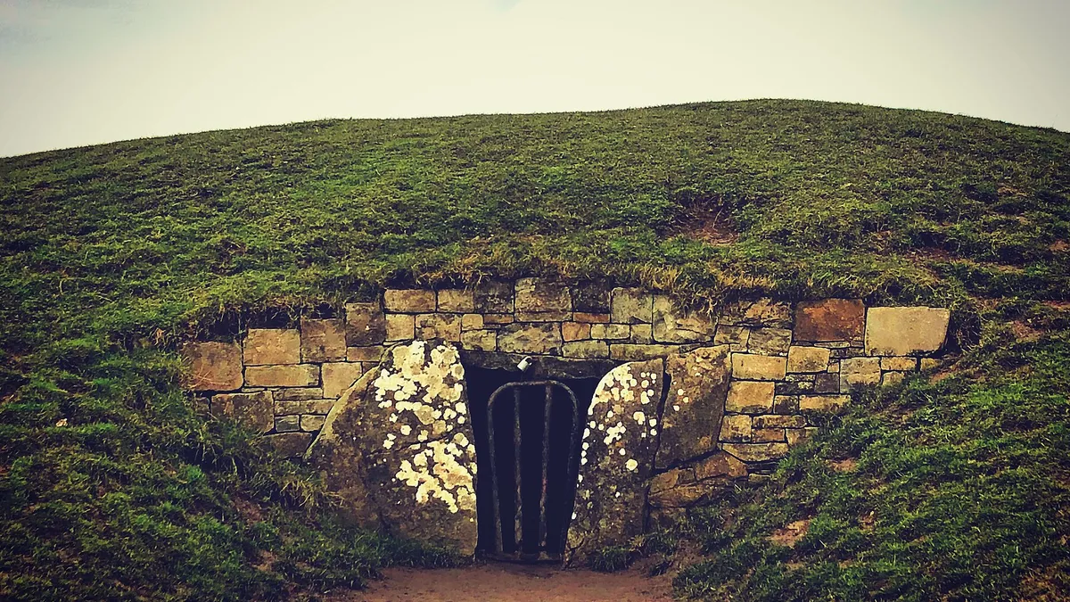 The stone-lined entrance to the Mound of the Hostages on the Hill of Tara