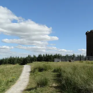 The path up through rough grass to the stone tower on the Devil's Bit
