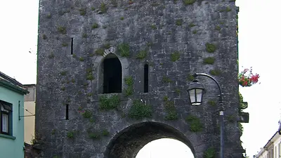 The medieval arch of Blossom Gate rising between the houses in Kilmallock