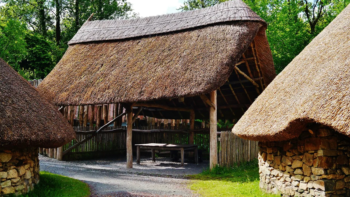 A thatched reconstruction of an early dwelling at the Irish National Heritage Park