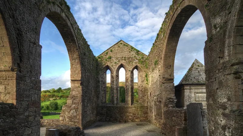 The nave of the church in Baltinglass Abbey, showing the archways either side. The pyramidal tomb of the Stratford family can be seen at right