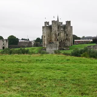 The towers and curtain wall of Trim Castle across the field