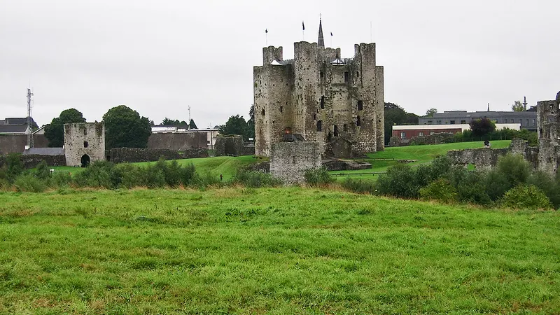 The towers and curtain wall of Trim Castle across the field
