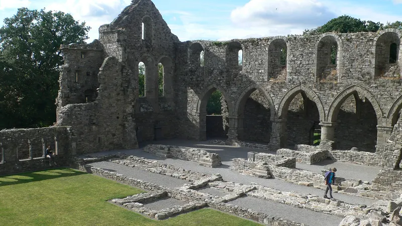 The arcaded nave of Jerpoint Abbey with the cloister garth in front of it