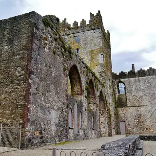 The stone ruins and arched windows of Tintern Abbey, County Wexford