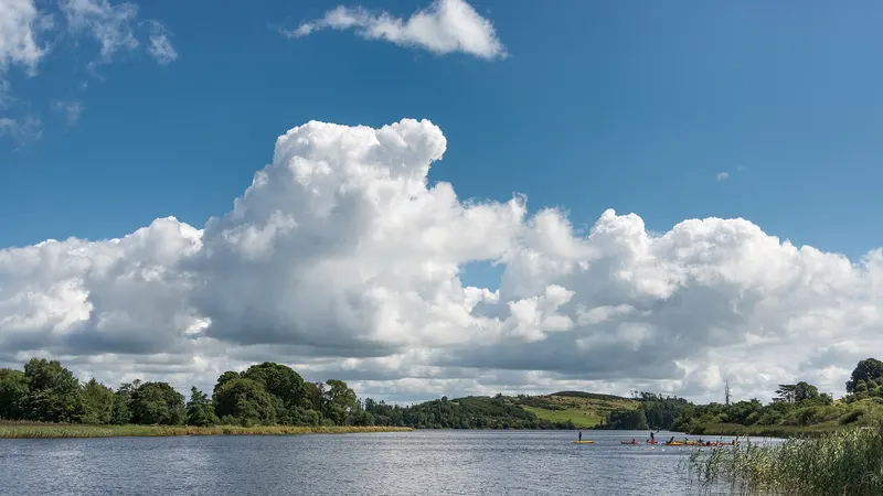 Reeds and open water on Lough Muckno under a big summer sky